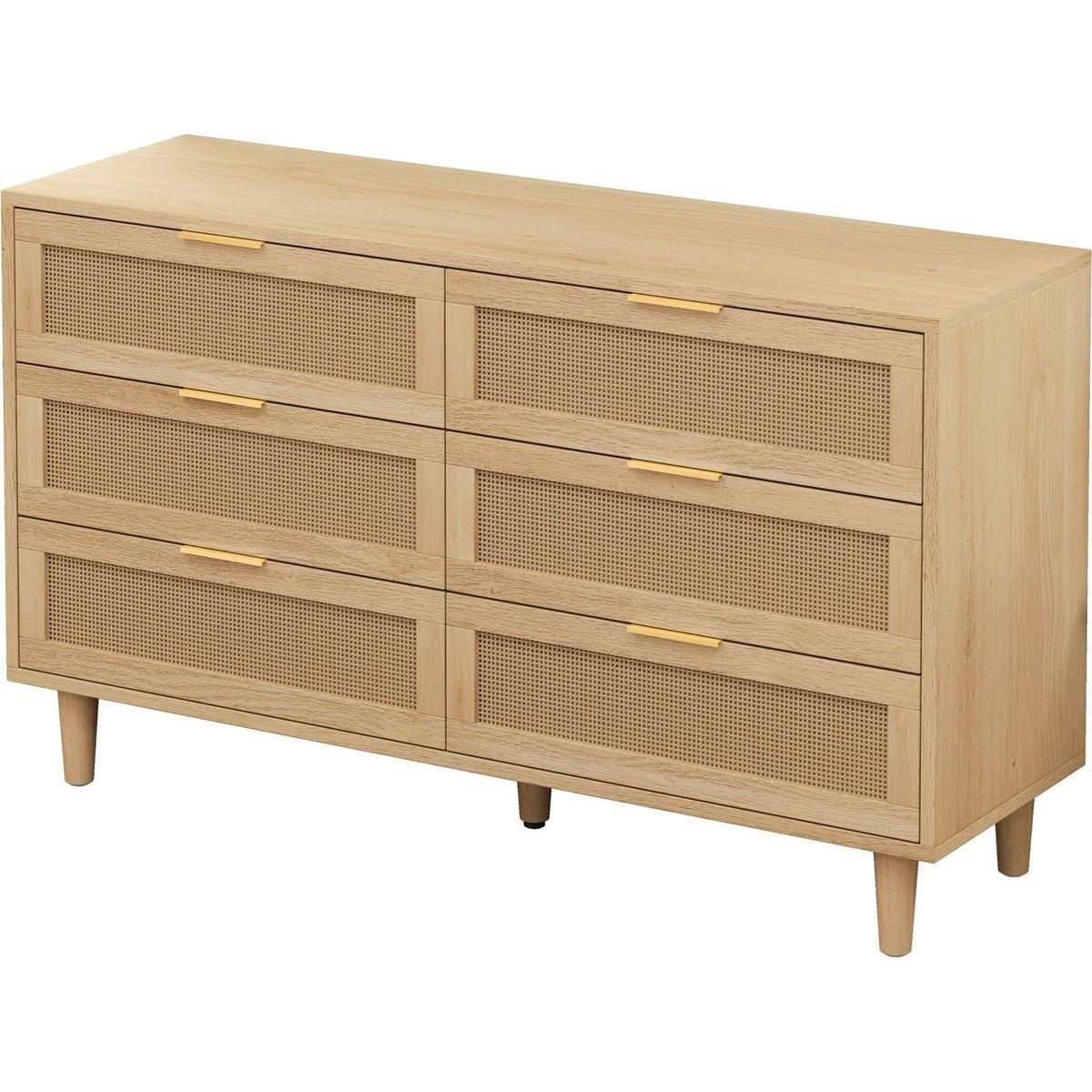 51.18"6-Drawers Rattan Storage Cabinet Rattan Drawer with White Drawer Slides,for Bedroom,Living Room,Natural