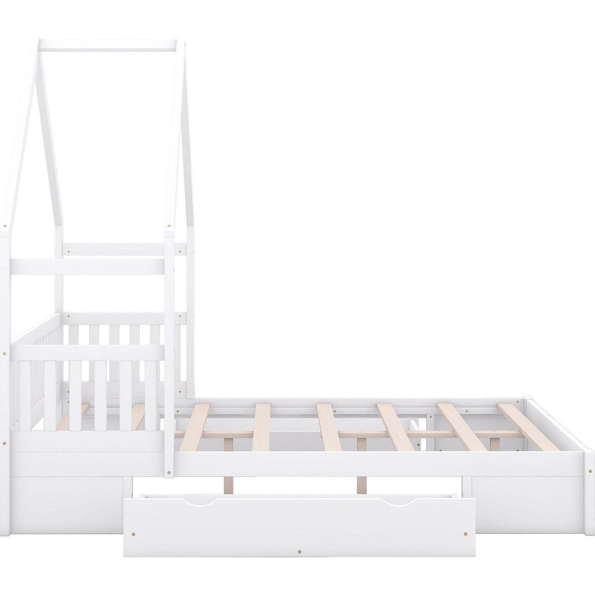 Wood Queen Size House Platform Bed with Guardrail and 2 Drawers, White