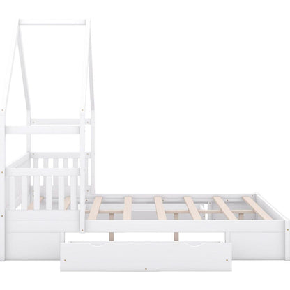 Wood Queen Size House Platform Bed with Guardrail and 2 Drawers, White