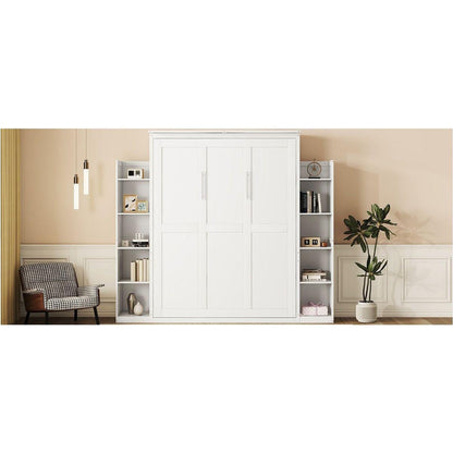 Queen Size Murphy Bed Wall Bed with Shelves and LED Lights,White