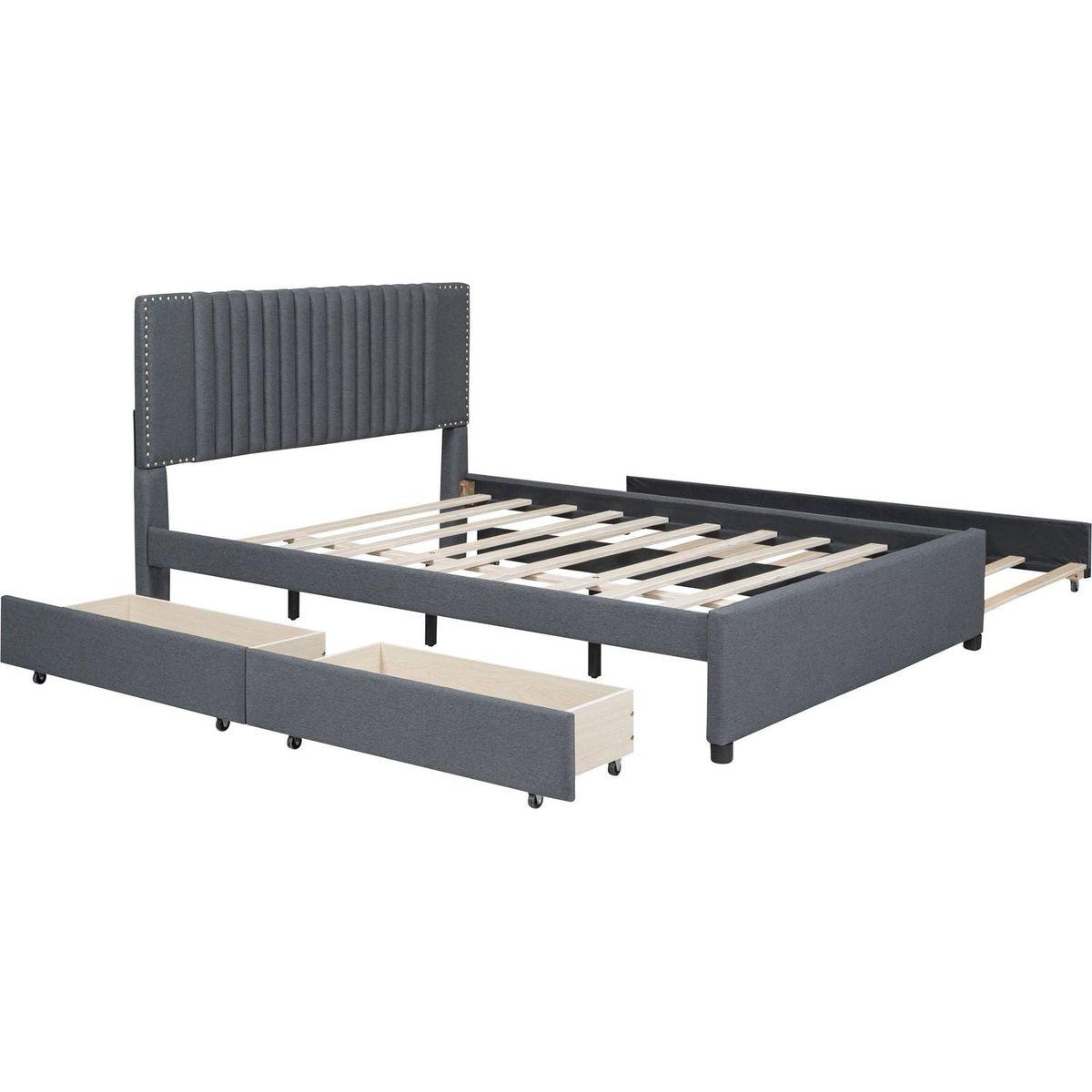 Queen Size Upholstered Platform Bed with 2 Drawers and 1 Twin XL Trundle, Classic Headboard Design, Gray