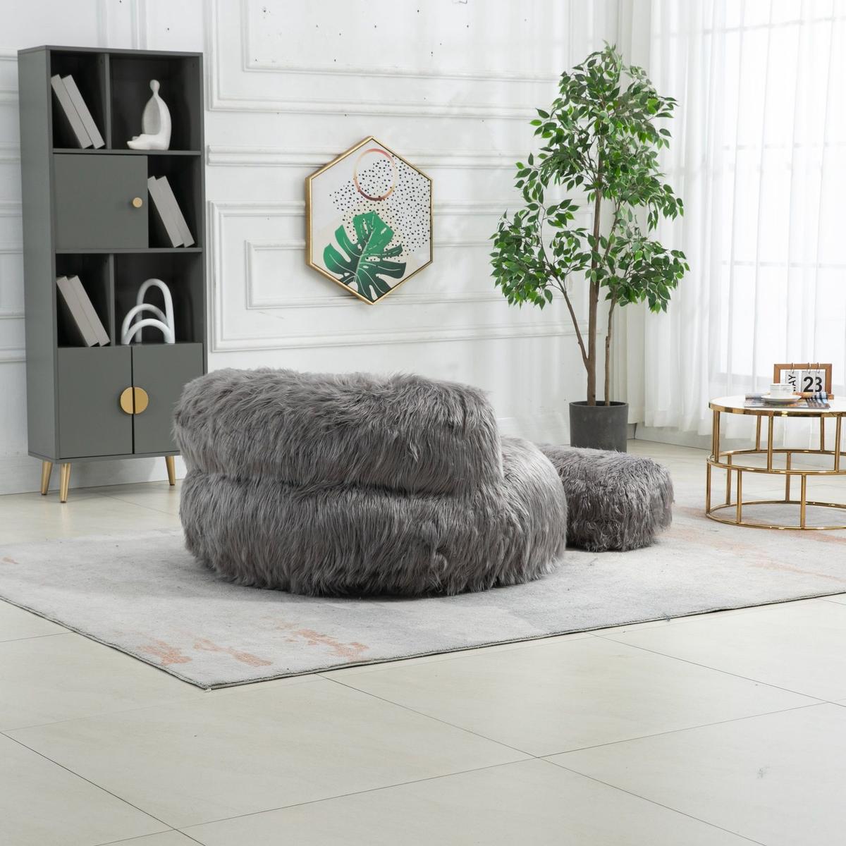 Bean Bag Chair Faux fur Lazy Sofa /Footstool Durable Comfort Lounger High Back Bean Bag Chair Couch for Adults and Kids, Indoor