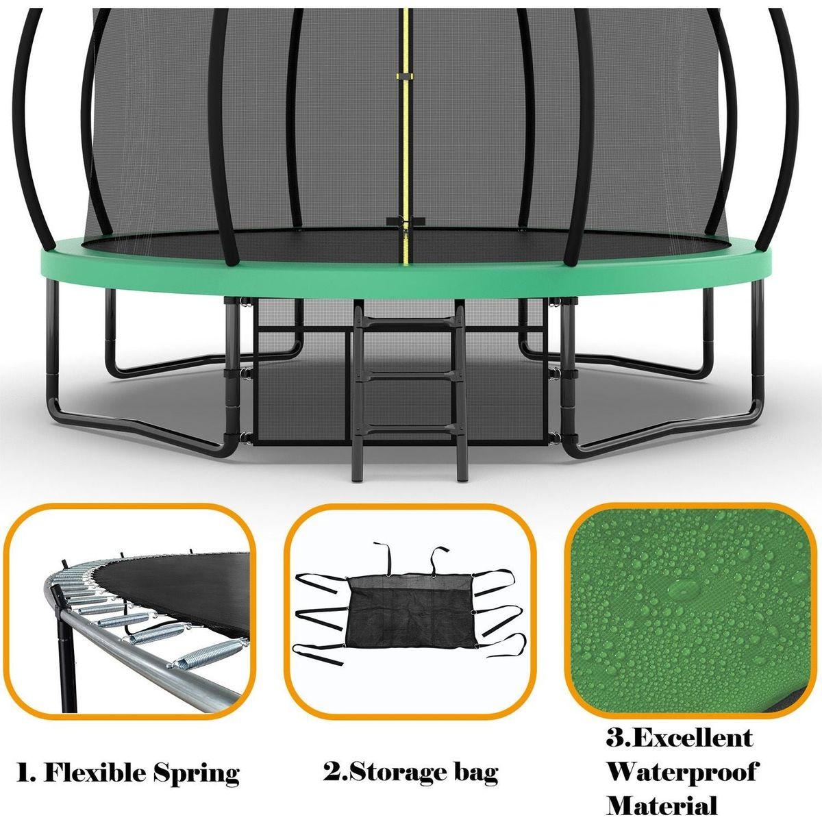 12FT Recreational Kids Trampoline with Safety Enclosure Net & Ladder, Outdoor Recreational Trampolines