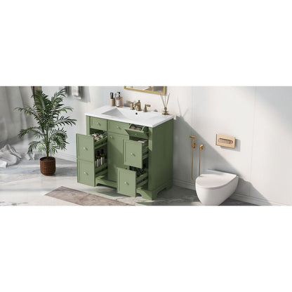 36" Bathroom Vanity with Sink, One Cabinet with Three drawers and One Flip Drawer, Solid Wood and MDF Board, Green