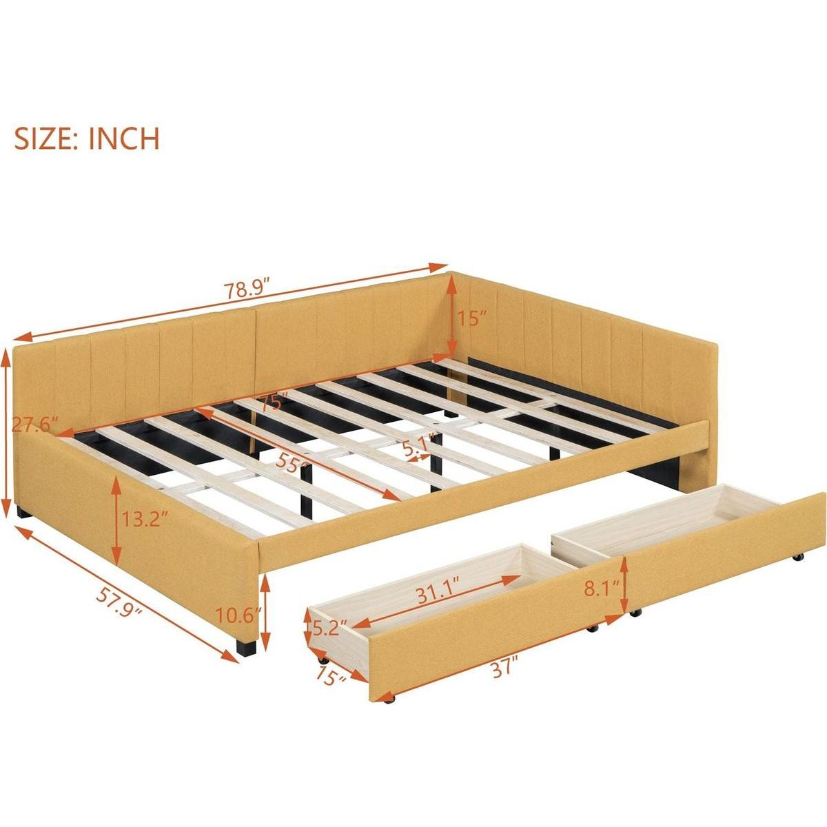 Full Size Upholstered Daybed with 2 Storage Drawers Sofa Bed Frame No Box Spring Needed, Linen Fabric (Yellow)