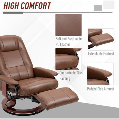 Faux Leather Manual Recliner, Adjustable Swivel Lounge Chair with Footrest, Armrest and Wrapped Wood Base for Living Room, Brown