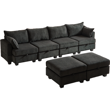 113.5" Modular Sectiona Corduroy Sofa, Sectional Couches for Living Room U Shaped Sectional Couch with Storage Ottoman, 6 Seats Convertible Sectionals with Chaise