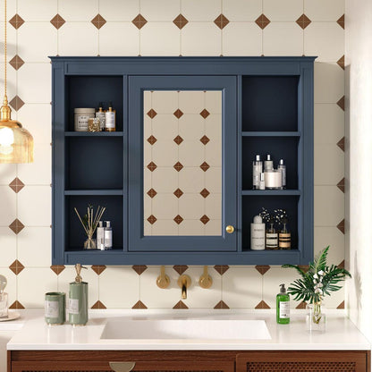 35" x 27.5" Medicine Cabinet, Wall Mounted Bathroom Storage Cabinet, Modern Bathroom Wall Cabinet with Mirror, Mirror Cabinet with 6 Open Shelves (Not Include Bathroom Vanity)