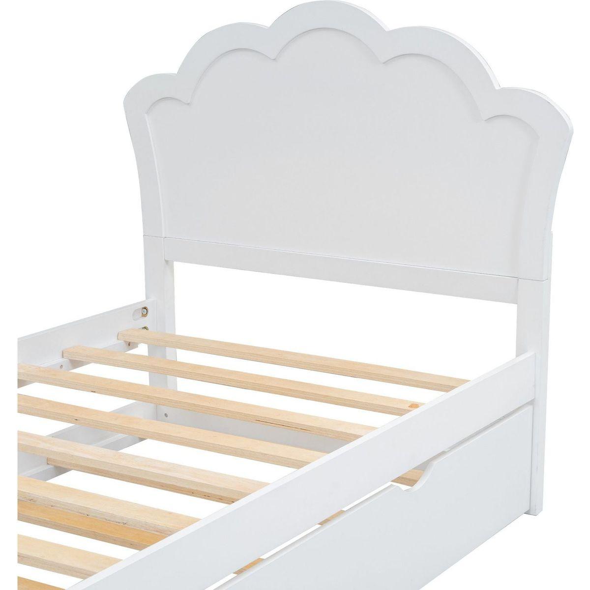 Twin Size Wood Platform Bed with Headboard and Twin Size Trundle, White