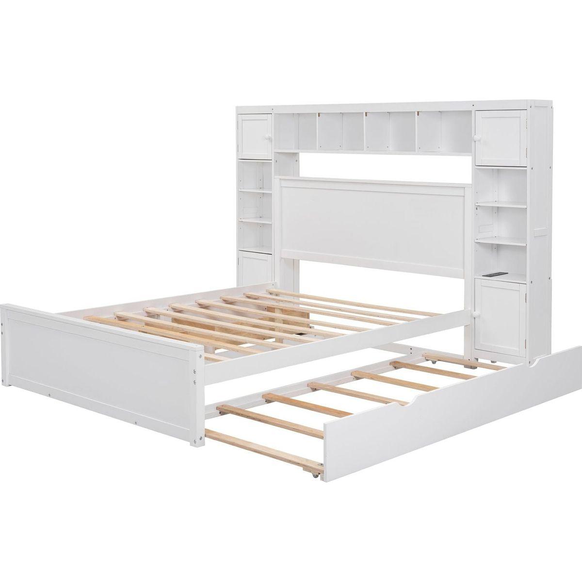 Queen Size Wooden Bed With All-in-One Cabinet, Shelf and Sockets, White