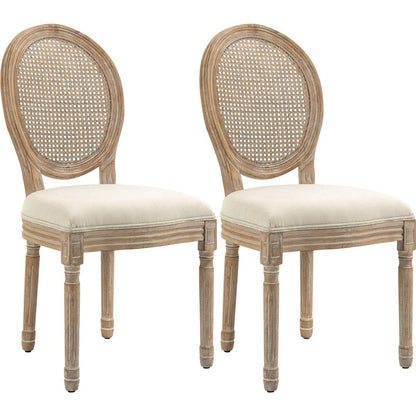 French-Style Upholstered Dining Chair Set, Armless Accent Side Chairs with Rattan Backrest and Linen-Touch Upholstery, Set of 2, Cream White