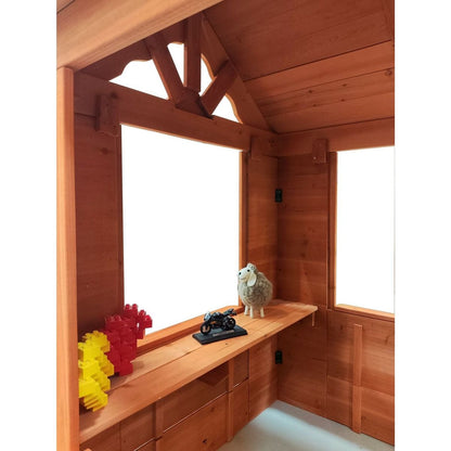 Wooden Kids Playhouse with 2 windows and flowerpot holder,42"Lx46"Wx55"H,Golden Red