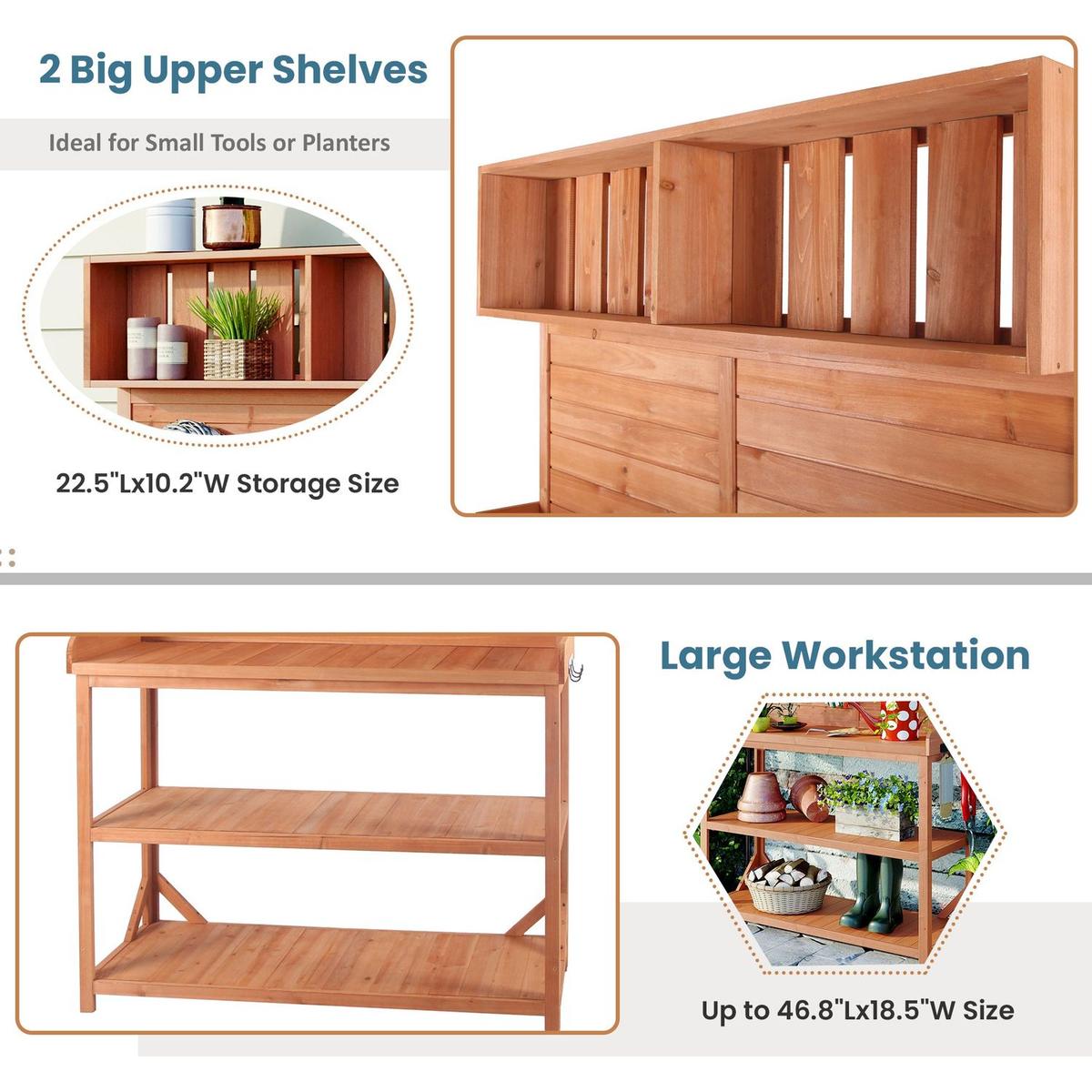 65" Large Wooden Farmhouse Rustic Outdoor Potting Bench Table, Patio Workstation, Garden Potting Bench with 4 Storage Shelves and Side Hook,Natural