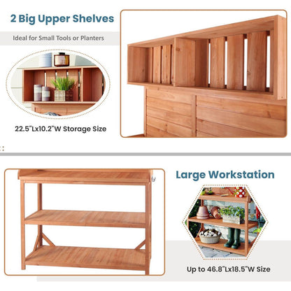 65" Large Wooden Farmhouse Rustic Outdoor Potting Bench Table, Patio Workstation, Garden Potting Bench with 4 Storage Shelves and Side Hook,Natural
