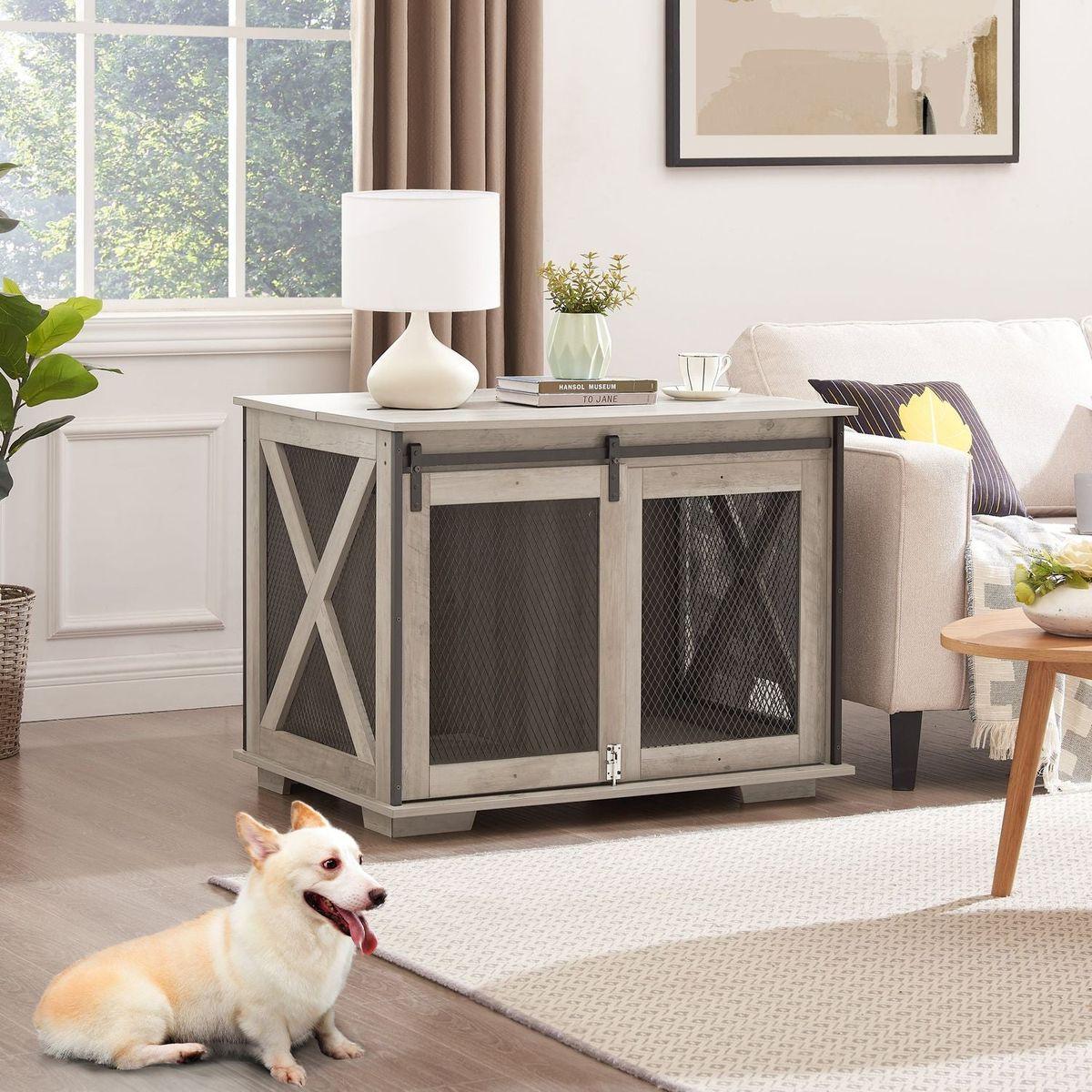 Farmhouse Dog Cage Crate Furniture with Sliding Barn Door, Farmhouse Wooden Dog Kennel End Table with Flip-top Plate Dog House with Detachable Divider for Small/Medium/Large Dog Gray