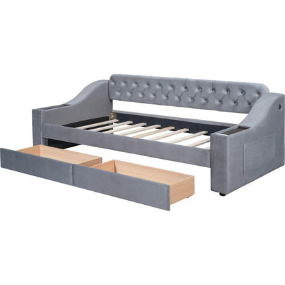 Twin Size Upholstered Daybed with Storage Armrests and USB Port, Gray
