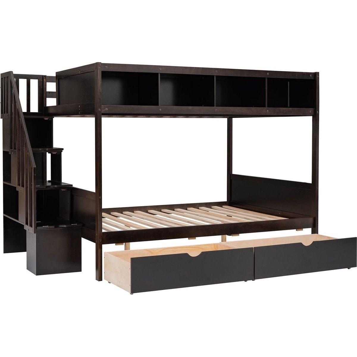 Twin over Full Bunk Bed with Shelfs, Storage Staircase and 2 Drawers, Espresso