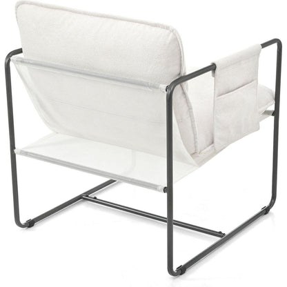 2 Sets 1 Case, Upholstered hanging armchair with arm pocket metal frame, crushed foamcushions and skin-friendly braid for living room and bedroom. White color