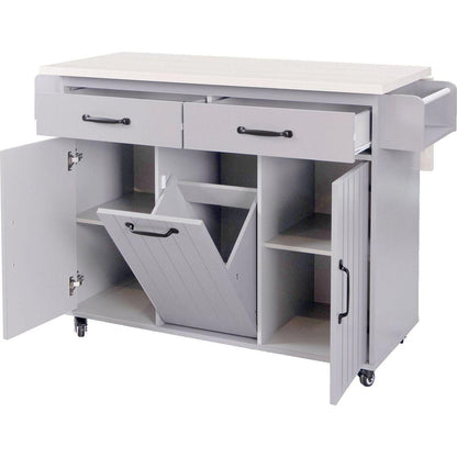 Kitchen Island with Trash Can Storage Cabinet, Kitchen Cart with Drop Leaf, Spice Rack, Towel Rack and Drawer, Rolling Kitchen Island on Wheels with Adjustable Shelf, Grey