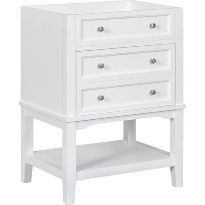 24" Bathroom Vanity Without Sink, Base Only, Solid Wood Frame, Bathroom Storage Cabinet with Drawer and Open Shelf, White