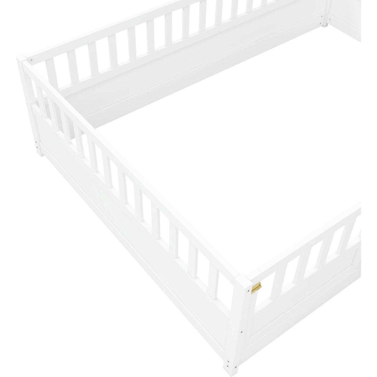 Full size Floor bed, integral construction with super high security barrier, door, children's floor bed frame, Montessori wooden children's floor bed, white - Streamdale Furniture