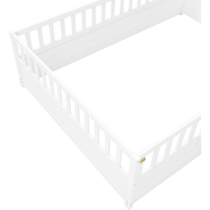 Full size Floor bed, integral construction with super high security barrier, door, children's floor bed frame, Montessori wooden children's floor bed, white - Streamdale Furniture