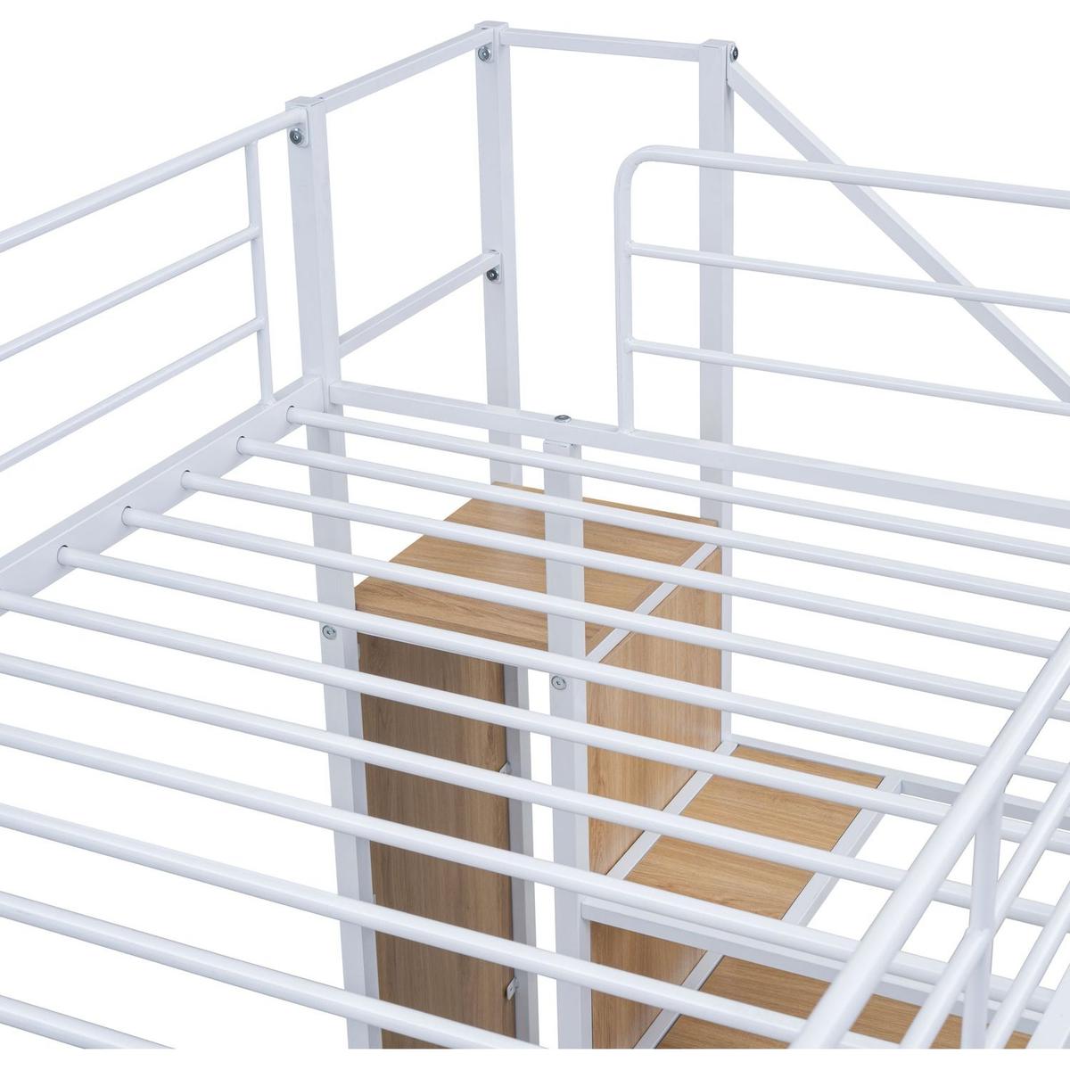 Twin Over Twin Metal Bunk Bed with Lateral Storage Ladder and Wardrobe, White