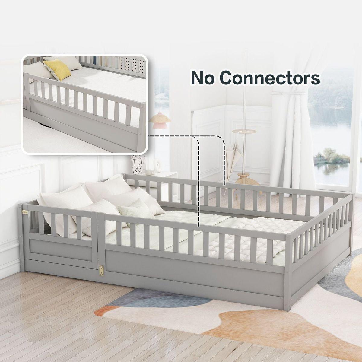 Full size Floor bed, integral construction with super high security barrier, door, children's floor bed frame, Montessori wooden children's floor bed, Support slat Grey