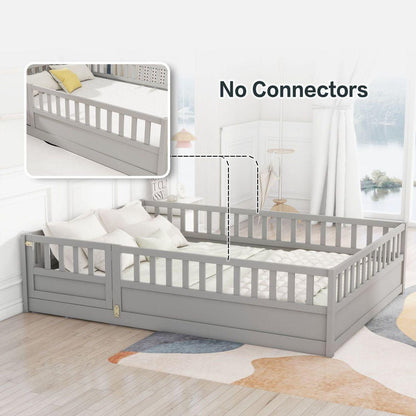 Full size Floor bed, integral construction with super high security barrier, door, children's floor bed frame, Montessori wooden children's floor bed, Support slat Grey