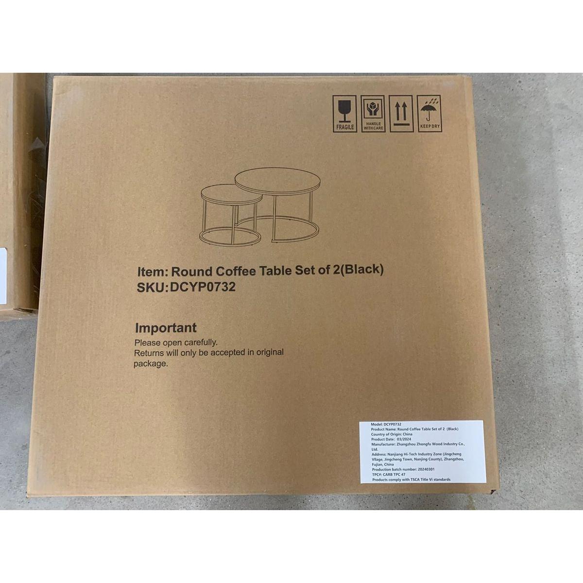 Nesting Coffee Table Set of 2, 27.6inch Round Coffee Table Wood Marble Pattern Top with Sturdy Metal Frame, End Table Side Tables for Living Room Bedroom Balcony Yard (Black)