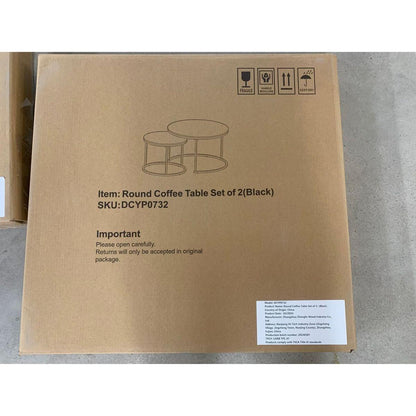 Nesting Coffee Table Set of 2, 27.6inch Round Coffee Table Wood Marble Pattern Top with Sturdy Metal Frame, End Table Side Tables for Living Room Bedroom Balcony Yard (Black)