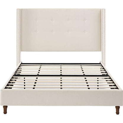Upholstered Queen Bed / 54" High Headboard / Traditional Hand Buttoned Tufting / Nailhead Trim Wingback / No Box Spring Needed / Easy Assembly / Ivory Velvet