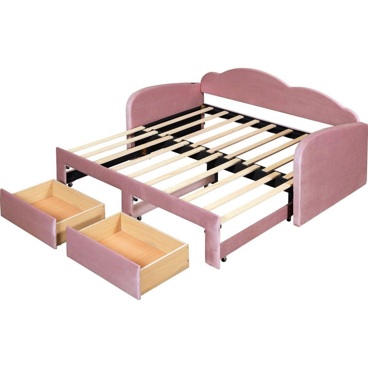 Twin Size Upholstered daybed with Cloud-Shaped Backrest, Trundle & 2 Drawers and USB Ports, Pink