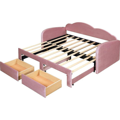 Twin Size Upholstered daybed with Cloud-Shaped Backrest, Trundle & 2 Drawers and USB Ports, Pink