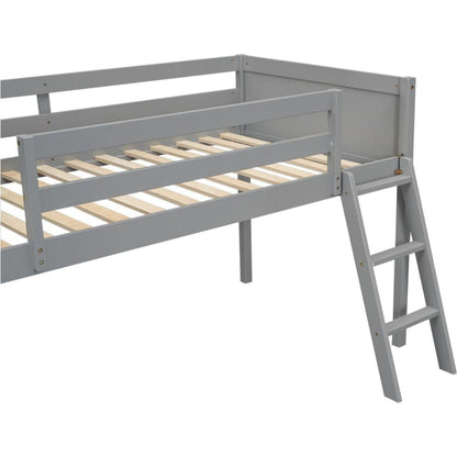Twin Size Wood Low Loft Bed with Ladder, ladder can be placed on the left or right, Gray