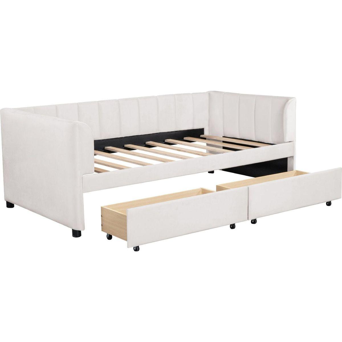 Twin Size Upholstered Daybed with Ergonomic Design Backrest and 2 Drawers, Beige
