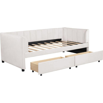Twin Size Upholstered Daybed with Ergonomic Design Backrest and 2 Drawers, Beige