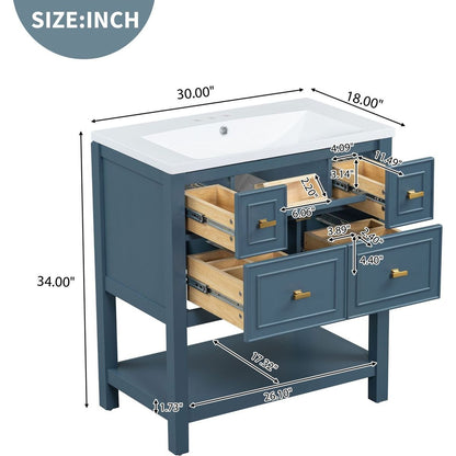 30" Bathroom Vanity with Resin Sink Combo, Free Standing Single Vanity Set with 5 Drawers, Solid Wood Frame Bathroom Storage Cabinet, Blue