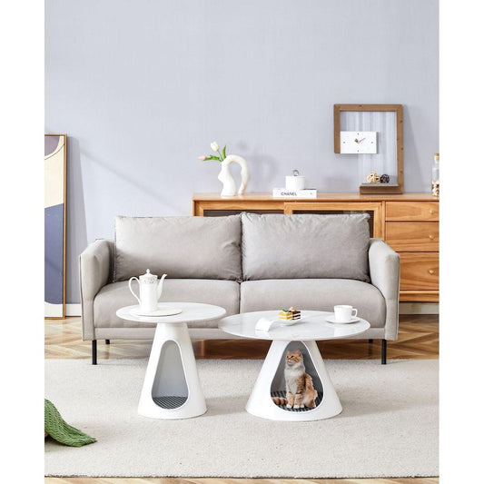 set of 2 coffee round tables with a marble-look top and steel base with 2 cat beds multifunctional and stylish entable
