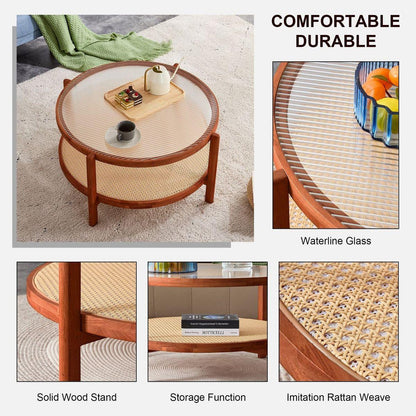 Modern minimalist circular double-layer solid wood coffee table, craft glass tabletop, second layer material: PE rattan, solid wood frame. 34.6 'x 34.6' x 17.7"