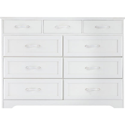 Bedroom dresser, 9 drawer long dresser with antique handles, wood chest of drawers for kids room, living room, entry and hallway, White, 47.56"W x 15.75"D x 34.45"H.