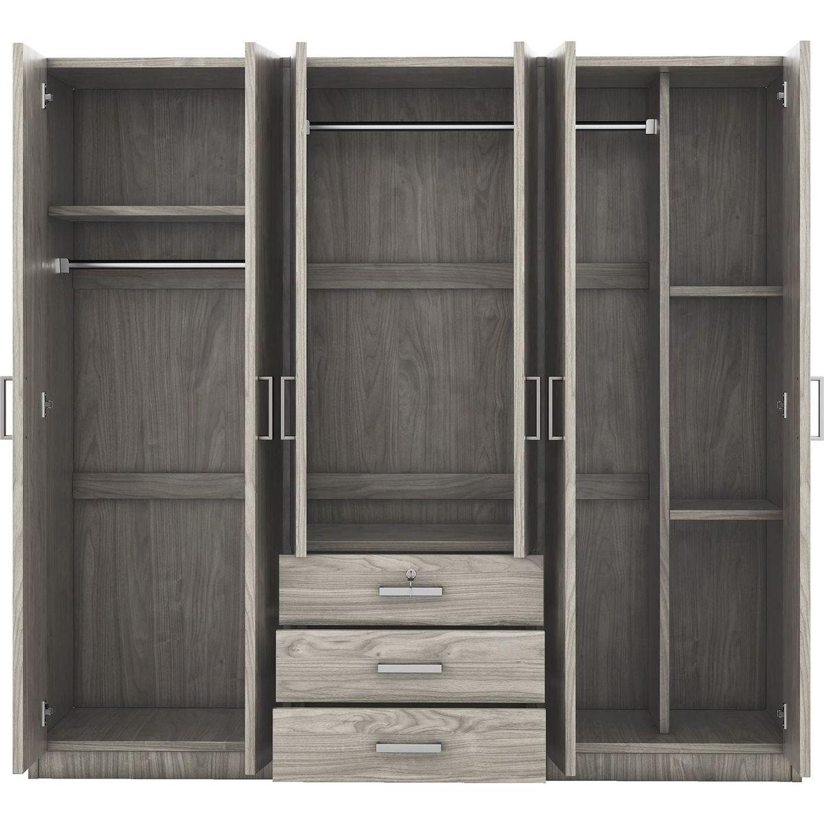 6-Doors Wooden Wardrobe Storage for Bedroom, with Big Drawers, Gray