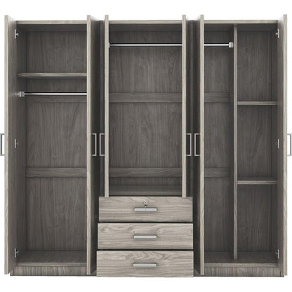 6-Doors Wooden Wardrobe Storage for Bedroom, with Big Drawers, Gray