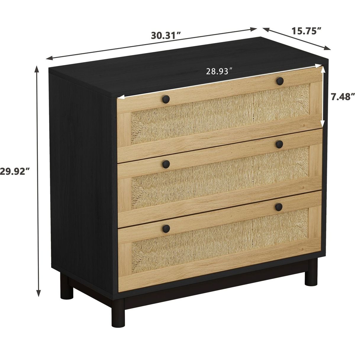 30.31"3-Drawers Storage Cabinet Rope Woven Drawer,for Bedroom,Living Room,Dining Room,Hallways,Black