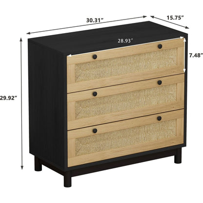 30.31"3-Drawers Storage Cabinet Rope Woven Drawer,for Bedroom,Living Room,Dining Room,Hallways,Black