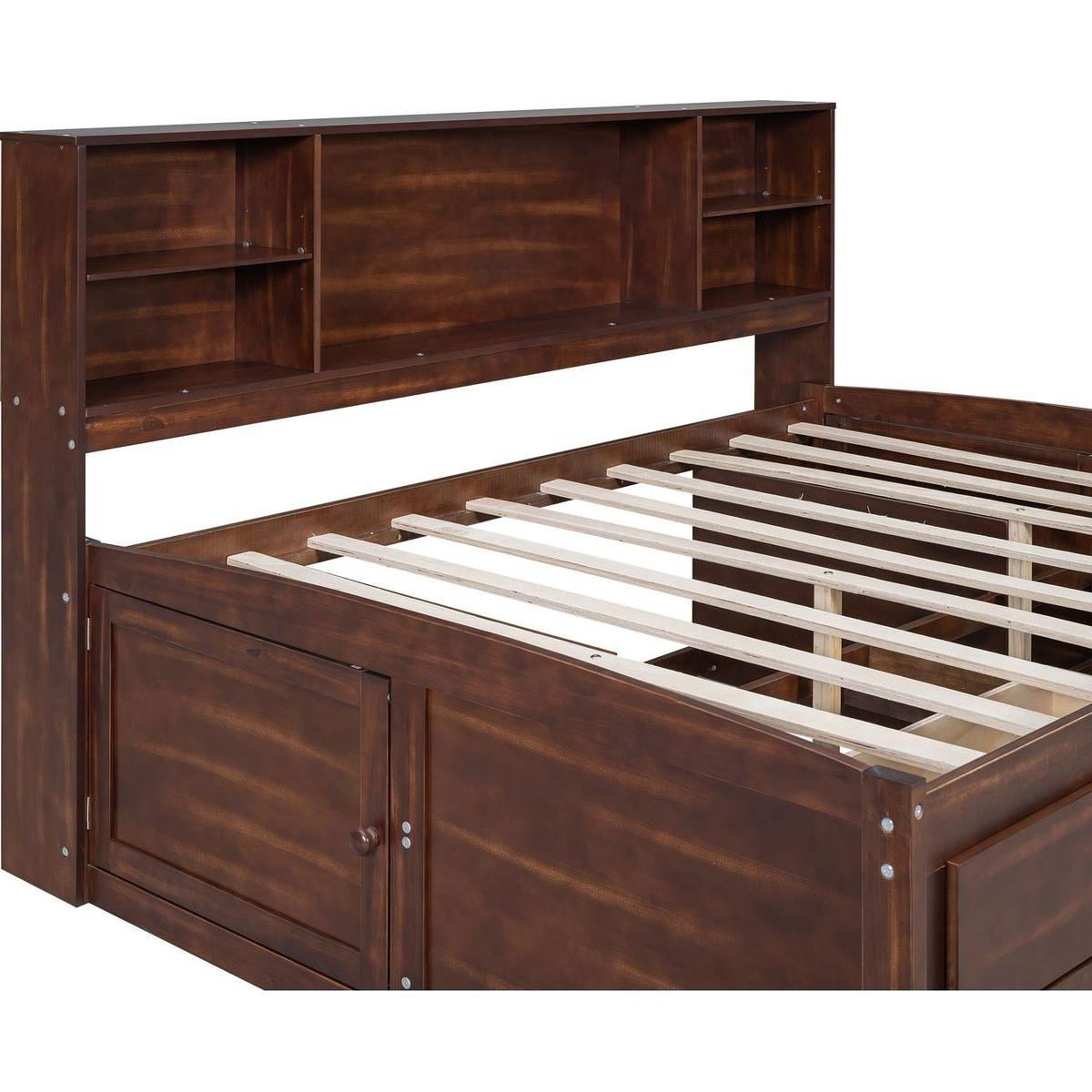 Full Size Wooden Captain Bed with Built-in Storage Shelves, 4 Drawers and 2 Cabinets, Antique Brown