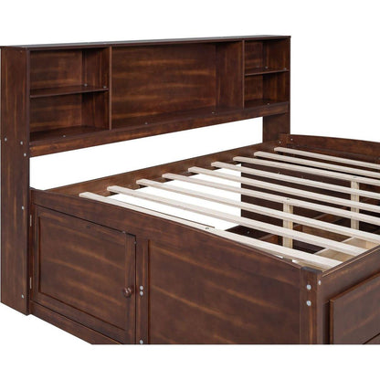 Full Size Wooden Captain Bed with Built-in Storage Shelves, 4 Drawers and 2 Cabinets, Antique Brown