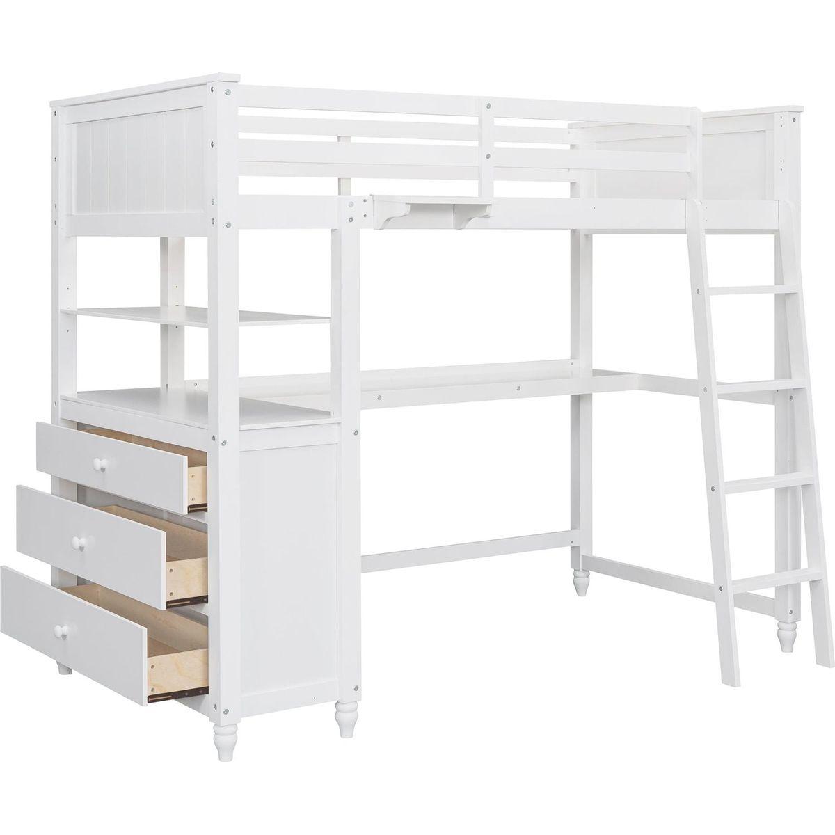Twin size Loft Bed with Drawers and Desk, Wooden Loft Bed with Shelves - White