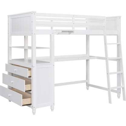 Twin size Loft Bed with Drawers and Desk, Wooden Loft Bed with Shelves - White