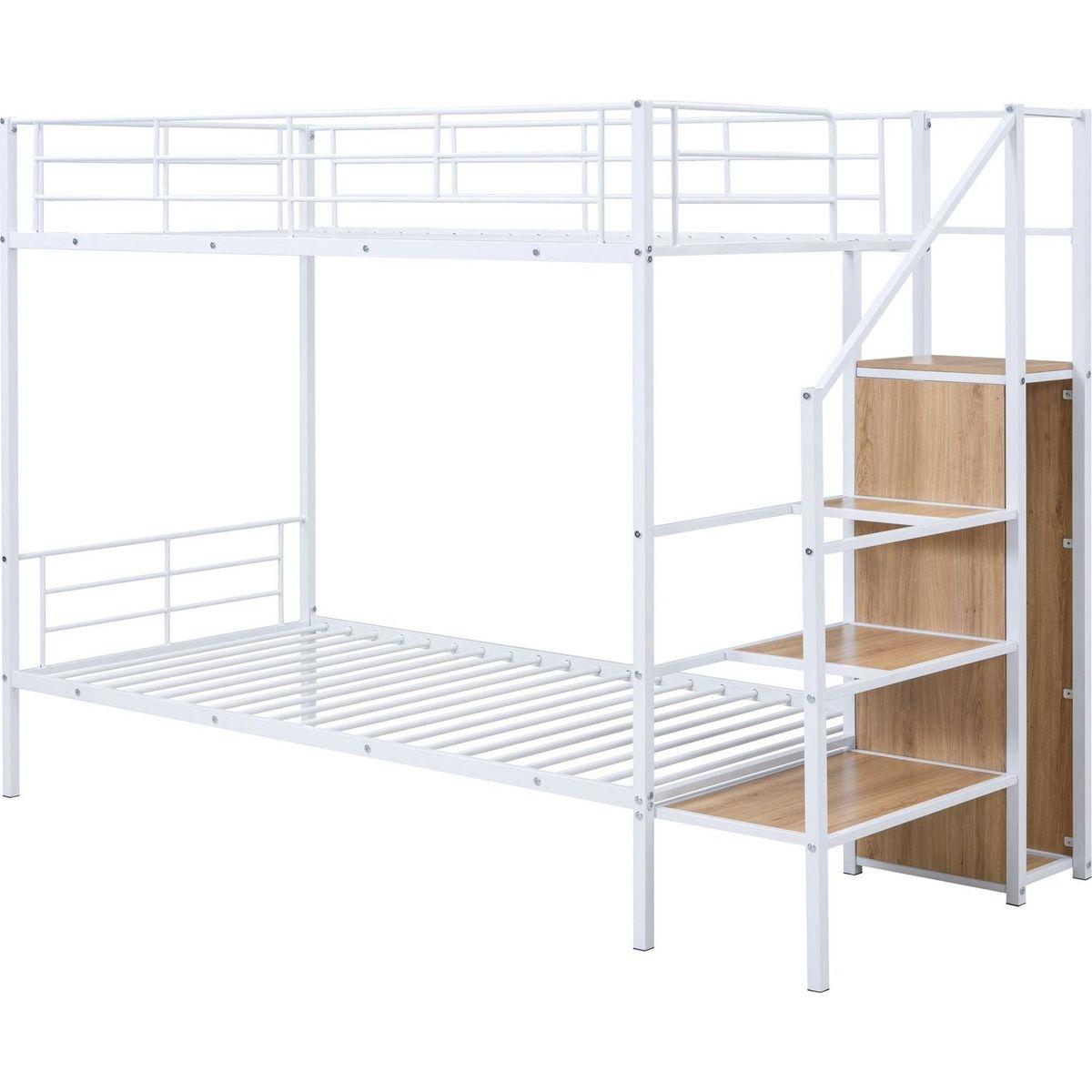 Twin Over Twin Metal Bunk Bed with Lateral Storage Ladder and Wardrobe, White